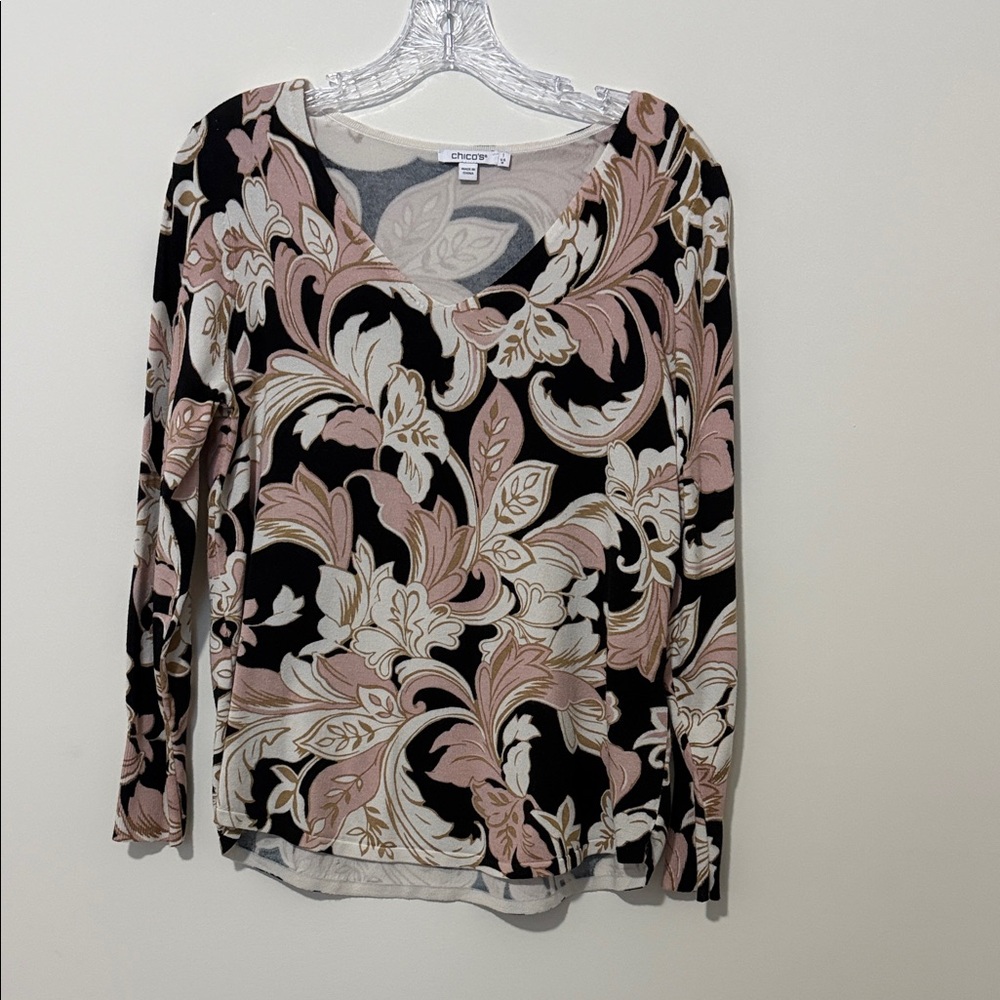Chicos V Neck Sweater in Pink, Black, and Cream. Size 1 (US size 8)